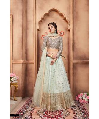 Sky Blue Embroidered Net Unstitched Lehenga 1