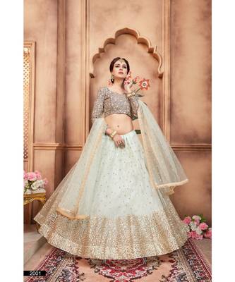 Sky Blue Embroidered Net Unstitched Lehenga 2
