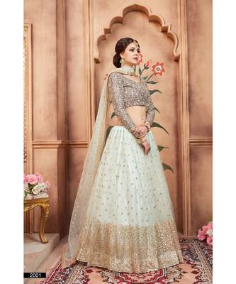 Sky Blue Embroidered Net Unstitched Lehenga 3
