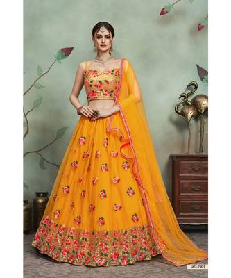 Mustard Thread Embroidered Net Semi Stitched Lehenga Choli With Dupatta 1
