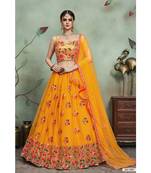 Mustard Thread Embroidered Net Semi Stitched Lehenga Choli With Dupatta