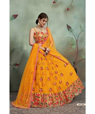 Mustard Thread Embroidered Net Semi Stitched Lehenga Choli With Dupatta 2