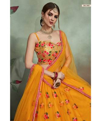 Mustard Thread Embroidered Net Semi Stitched Lehenga Choli With Dupatta 3