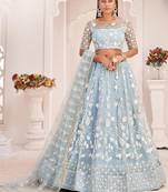 Turquoise embroidered net semi stitched lehenga Choli with Dupatta
