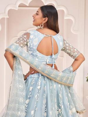Turquoise embroidered net semi stitched lehenga Choli with Dupatta 2