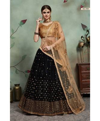 BLACK Sequins Embroidered Net Unstitched Lehenga Choli With Dupatta 1