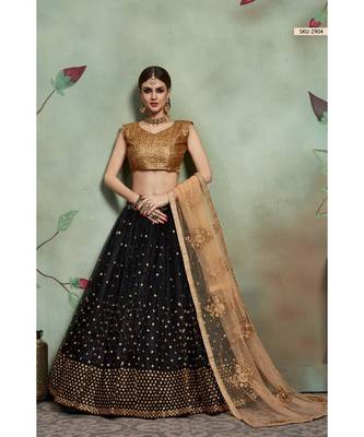 BLACK Sequins Embroidered Net Unstitched Lehenga Choli With Dupatta 2