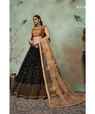 BLACK Sequins Embroidered Net Unstitched Lehenga Choli With Dupatta 3