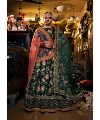 Green Thread Embroidered Silk Unstitched Lehenga With Dupatta 1