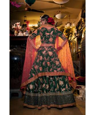 Green Thread Embroidered Silk Unstitched Lehenga With Dupatta 2