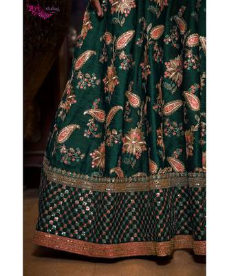 Green Thread Embroidered Silk Unstitched Lehenga With Dupatta 3