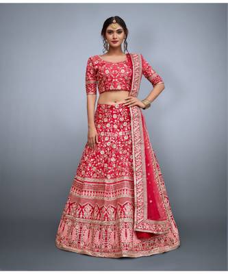 Pink Embroidered Art Silk Semi Stitched Lehenga With Dupatta 1