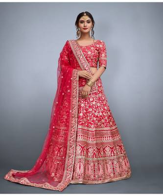 Pink Embroidered Art Silk Semi Stitched Lehenga With Dupatta 2