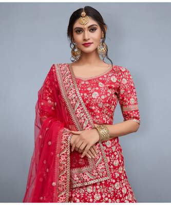 Pink Embroidered Art Silk Semi Stitched Lehenga With Dupatta 3