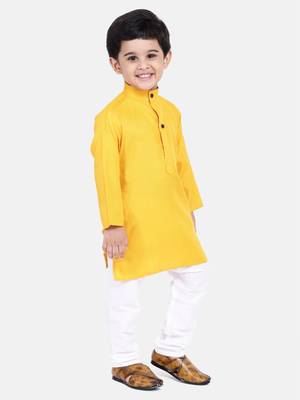 Boys Stand Collar Cotton Kurta pajama-Set-Yellow 1