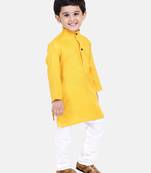 Boys Stand Collar Cotton Kurta pajama-Set-Yellow