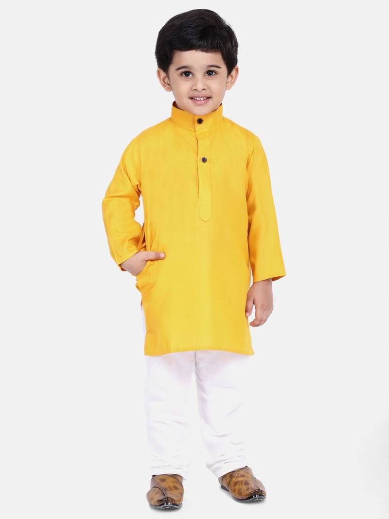 Boys Stand Collar Cotton Kurta pajama-Set-Yellow