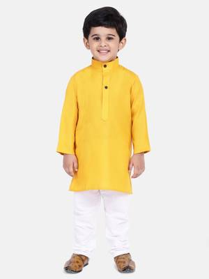 Boys Stand Collar Cotton Kurta pajama-Set-Yellow 5