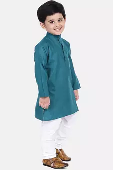 Boys Stand Collar Cotton Kurta pajama-Set-Blue