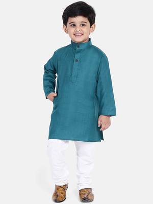 Boys Stand Collar Cotton Kurta pajama-Set-Blue 1