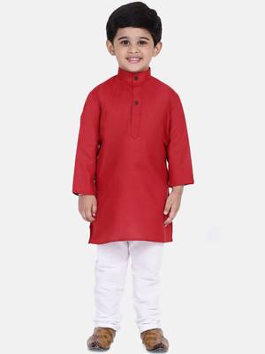 Boys Stand Collar Cotton Kurta pajama-Set-Red 1
