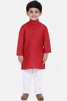 Boys Stand Collar Cotton Kurta pajama-Set-Red