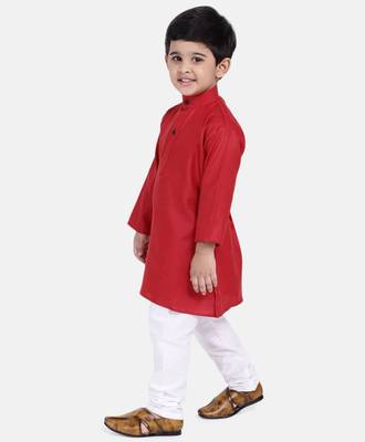 Boys Stand Collar Cotton Kurta pajama-Set-Red 3