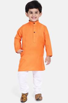 Boys Stand Collar Cotton Kurta pajama-Set- Orange