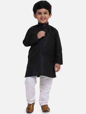 Boys Stand Collar Cotton Kurta pajama-Set-Black 1