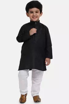 Boys Stand Collar Cotton Kurta pajama-Set-Black