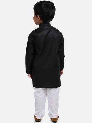 Boys Stand Collar Cotton Kurta pajama-Set-Black 2