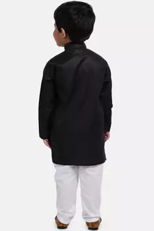 Boys Stand Collar Cotton Kurta pajama-Set-Black