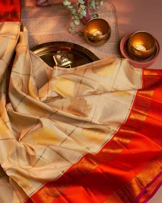 Cream woven kanchipuram silk saree with blouse 1