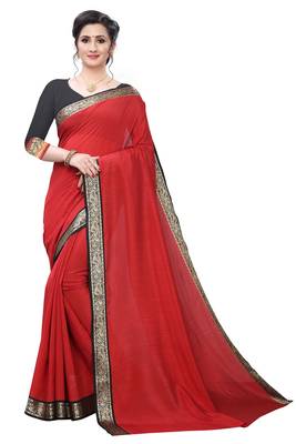 Red plain art silk saree with blouse 1