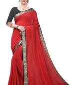 Red plain art silk saree with blouse