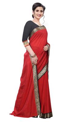 Red plain art silk saree with blouse 3