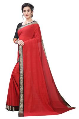 Red plain art silk saree with blouse 4