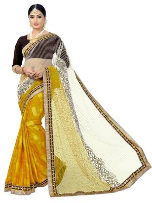 Beige embroidered blended cotton saree  1