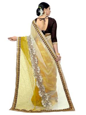 Beige embroidered blended cotton saree  3