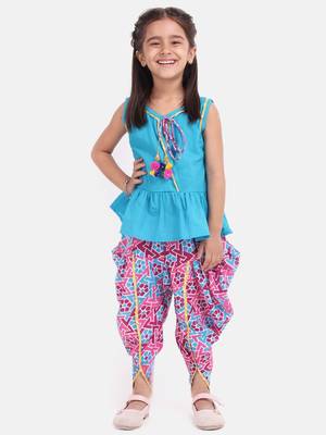 Jaipuri Print Pure Cotton Dhoti Top For Baby Girls-Firozi Blue 1