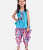 Jaipuri Print Pure Cotton Dhoti Top For Baby Girls-Firozi Blue