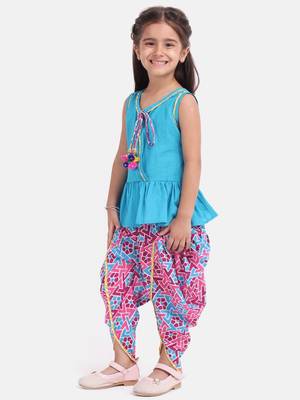 Jaipuri Print Pure Cotton Dhoti Top For Baby Girls-Firozi Blue 2