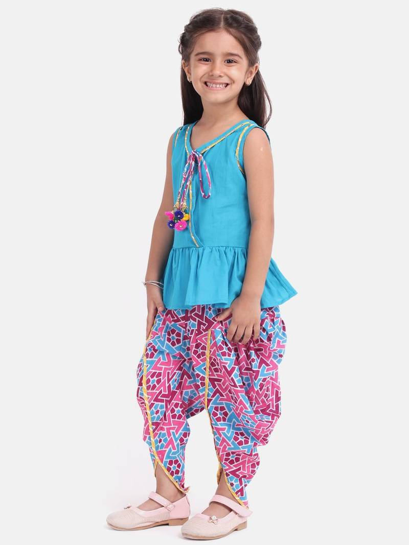 Jaipuri Print Pure Cotton Dhoti Top For Baby Girls-Firozi Blue