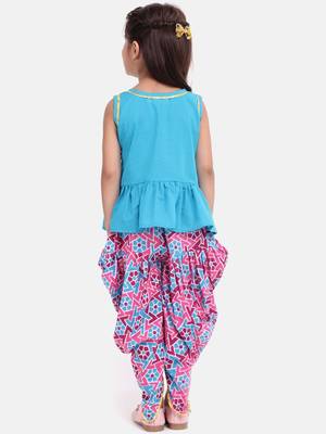 Jaipuri Print Pure Cotton Dhoti Top For Baby Girls-Firozi Blue 3