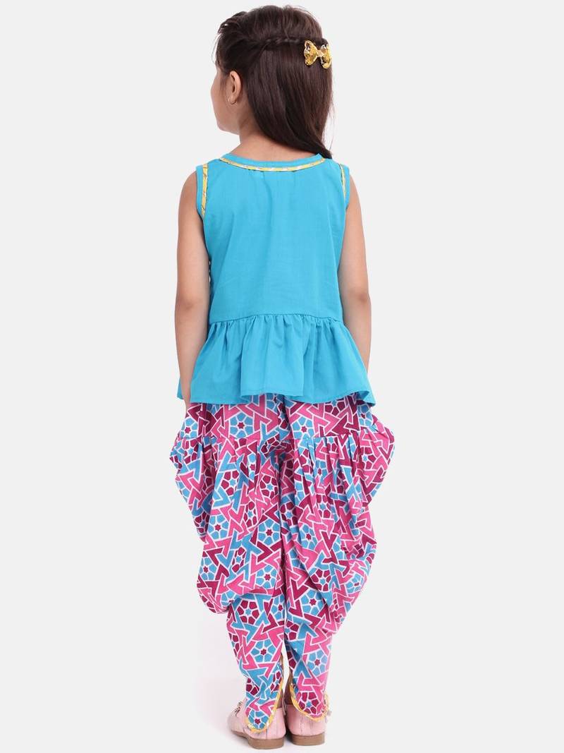 Jaipuri Print Pure Cotton Dhoti Top For Baby Girls-Firozi Blue