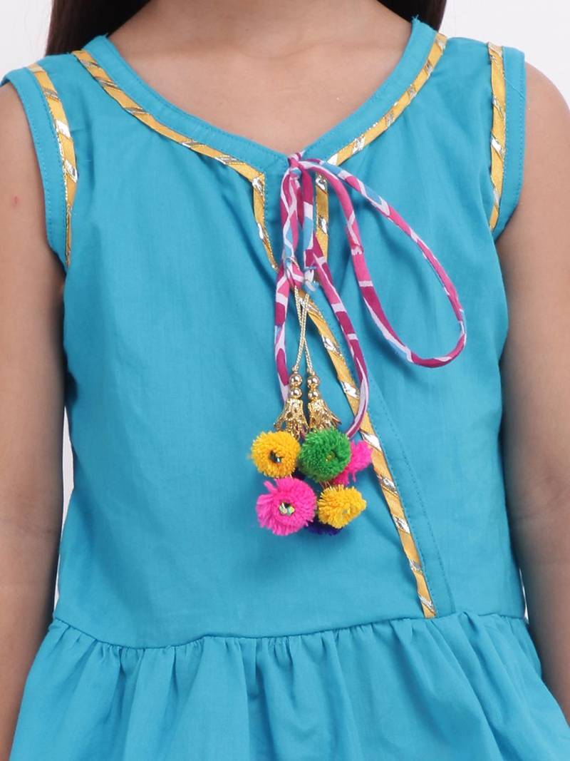 Jaipuri Print Pure Cotton Dhoti Top For Baby Girls-Firozi Blue