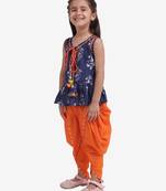 Jaipuri Print Pure Cotton Dhoti Top For Baby Girls-Indigo