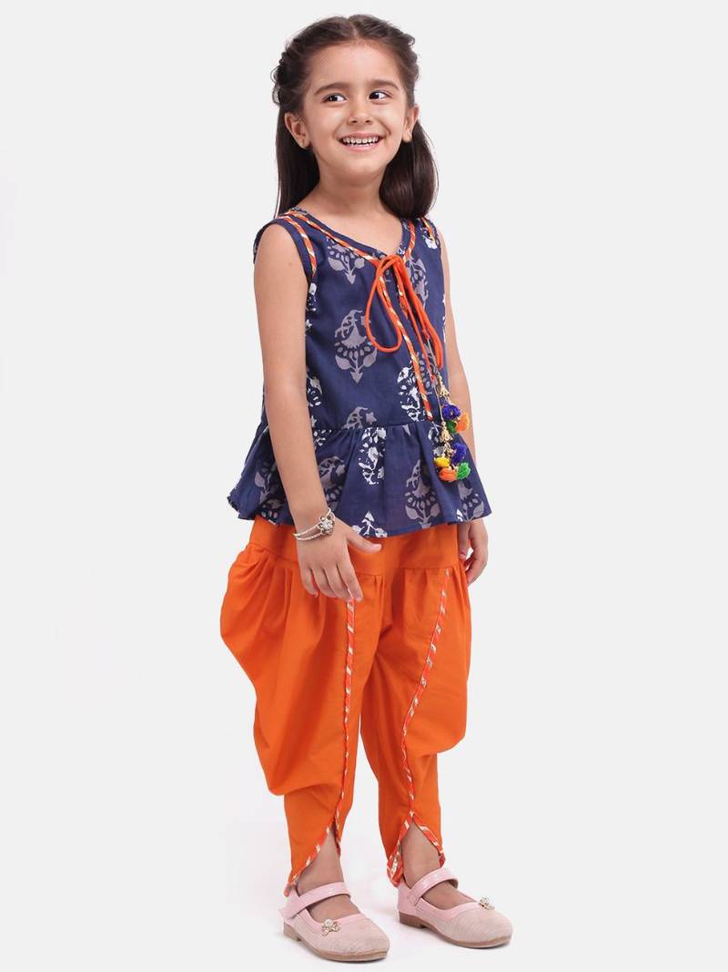 Jaipuri Print Pure Cotton Dhoti Top For Baby Girls-Indigo
