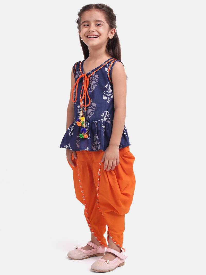 Jaipuri Print Pure Cotton Dhoti Top For Baby Girls-Indigo