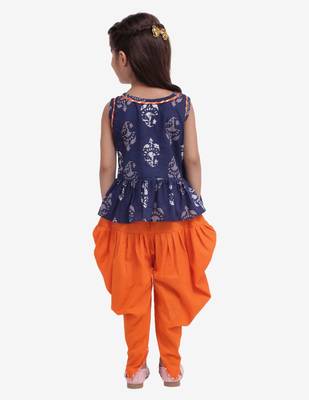 Jaipuri Print Pure Cotton Dhoti Top For Baby Girls-Indigo 4